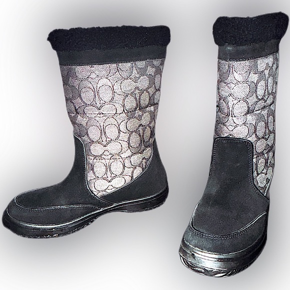 Coach Sherman Winter Boots Fleece Lined Black Suede Logo Print Booties US 5 - Picture 4 of 11